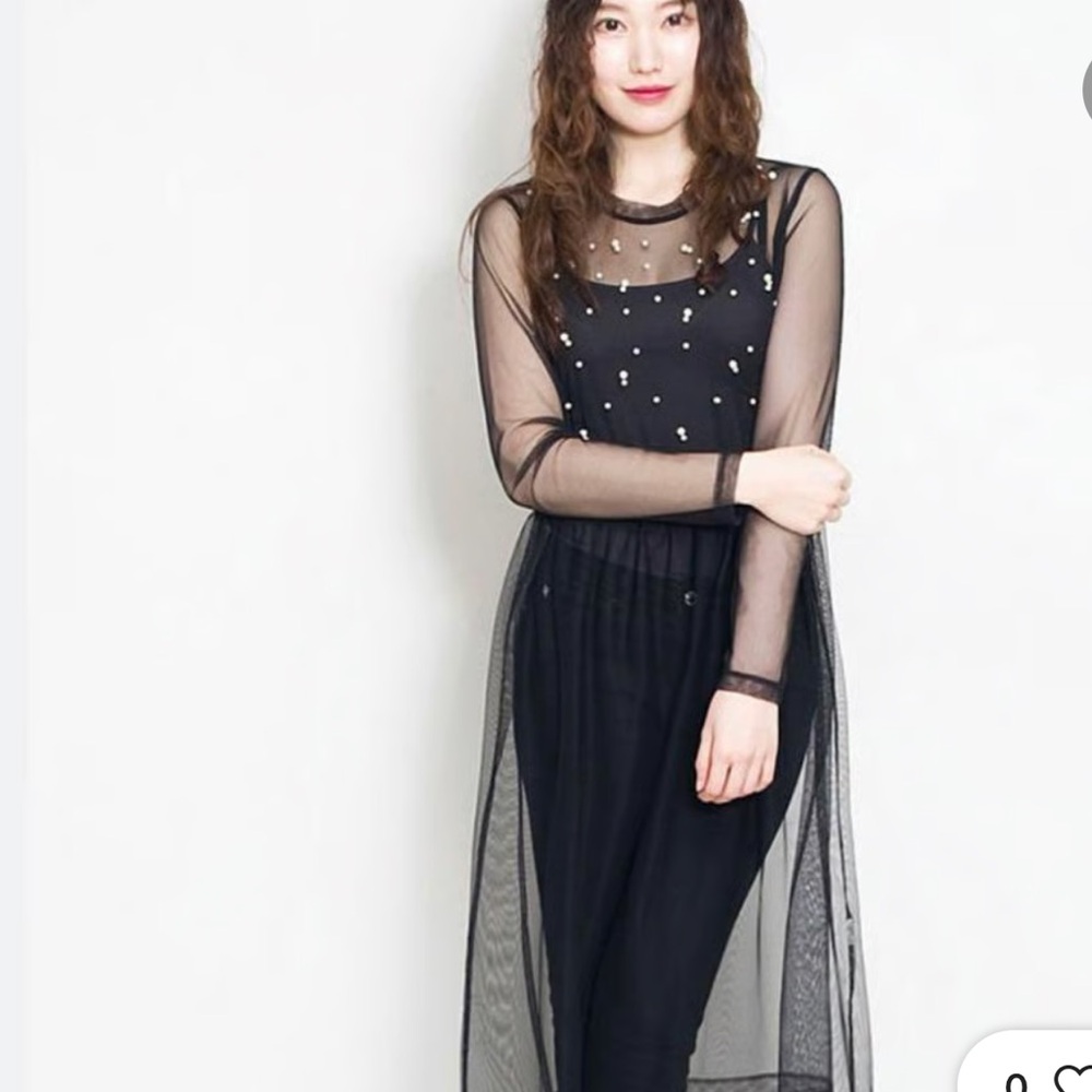 Black Mesh Top with Pearl Details